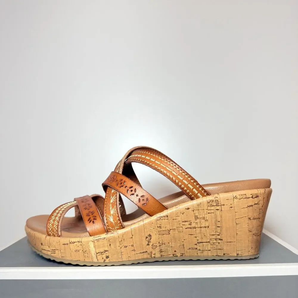 Skechers Beverlee Tiger Posse Womens Size 6.5 Wedge Slide Sandals Leather Heels